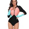 Traje de Baño Entero Nuevo Europeo y Americano 2024 para Mujer Traje de Surf Conservador con Cremallera Manga Larga Protección Solar Diseño de Color en Contraste Traje de Baño al por Mayor