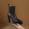 Botines de punto de cuero patchwork para mujer con tacones gruesos, nuevos botines calcetín de tobillo de punta con tacón alto para otoño e invierno
