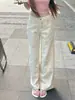 Jeans Bordados de Gatito de Dibujos Animados Estilo Americano para Mujer, Diseño de Primavera, Cintura Alta, Adelgazantes, Pierna Recta, Pierna Ancha