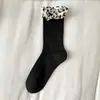 Calcetines Gruesos de Lana con Encaje para Mujer, Otoño/Invierno Espesados Cálidos Suaves Resistentes de Media Pantorrilla, Calcetines Largos de Cachemir Dulce de Doble Aguja
