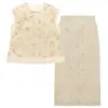 Nuevo conjunto elegante P7024: top de jacquard con encaje de cuentas y manga corta con tapeta frontal asimétrica estilo chino con falda larga recta de cintura alta