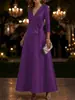 2026 Elegante Vestido de Noche de Satén con Escote en V y Mangas Tres Cuartos, Corte A, Ceñido a la Cintura, Formal para Banquetes, Novia, Vestido de Boda