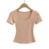 Estilo Francés Sexy Ajustado Elástico Ceñido Top Corto Mujer Deseo Puro Cuello U Grande Cintura de Relojería con Hilo Camiseta de Manga Corta