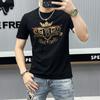Camiseta de manga corta para hombre 2024 algodón mercerizado manga media moda europea y americana taladro caliente estación europea cuello redondo corte ajustado seda de hielo lentejuelas