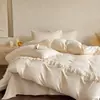 Juego de Ropa de Cama Estilo Princesa Crema Francesa 2026 Nuevo Algodón Lavado Sábana Ajustable Sábana Plana Funda de Edredón Juego de Cama de Tres Piezas