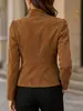 Jaqueta de camurça cor de caramelo para outono e inverno com gola alta, fecho de três botões, caimento justo, estilo curto, elegante, adequada para o trabalho, casaco feminino vintage