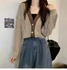 Cardigan de Tricô com Decote V Cor de Café para Mulheres, Curto para Primavera/Outono, Cintura Alta, Manga Longa, Roupa para Início de Outono, Suéter Casaco Top para Baixinhas