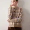 Novo Cardigã 100% Caxemira Outono/Inverno para Mulheres, Gola Redonda, Espessado, Jacquard Listrado Vintage, Suéter Casaco de Tricô Solto