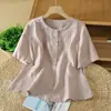 2026 Nova Camisa Amarela de Manga Curta para Verão Feminina Gola Redonda Solta Fashion Versátil Coreana de Linho Top Pequeno A12863