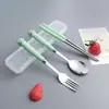 Talheres portáteis criativos de aço inoxidável 410, imitação de cerâmica de desenho animado, cabo de aço inoxidável, colher, garfo e hashi, conjunto de três peças para estudante