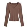 Europeo y Americano Ins Primavera Nuevo Kardashian Básico Sexy Ajustado Adelgazante Cintura de Reloj de Arena Cuello en V Manga Larga Camiseta Base