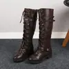 Botas de Montar de Caña Alta de Gran Tamaño Estilo Europeo y Americano para Mujer, Nuevo Modelo Otoño e Invierno, Botas de Tacón Bajo con Punta Redonda Plana con Hebilla de Cinturón y Correas Cruzadas