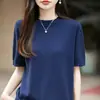 Tricô de Gola Redonda de Fio de Algodão Suave Francês para Início de Outono Feminino Manga de Cinco Pontos Solto Emagrecedor Manga Curta Suéter Camada de Base