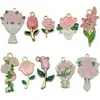 Liga de Zinco Pingente Rosa Vermelha com Gotejamento de Óleo Buquê de Folhas Verdes Tulipa Charme Pulseira DIY Chaveiro Acessórios de Joias