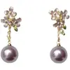 Pendientes Avanzados de Sense Púrpura Flor de Osmanthus Perla Lujo Ligero Diseño de Nicho Exquisito Temperamento Pendientes para Mujer sin Agujeros en las Orejas