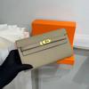 2026 Novo Modelo Carteira Kelly Estampa de Palma com Fecho Dourado e Prateado, Bolsa de Mão Média-Longa, Bolsa de Mão Feminina em Couro Genuíno, Bolsa de Mão