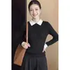 Suéter de Punto con Cuello de Color Contrastante de Moda para Mujer Otoño Invierno Adelgazante Manga Larga Capa Interior Superior Negro Camisa Versátil de Capa Base