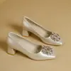 Zapatos de Salón Individuales para Mujer, Nuevos Estilos de Primavera y Otoño, Estilo Francés de Lujo Ligero, Hebilla Cuadrada con Pedrería, Punta Cuadrada, Tacón Grueso, Tacones Altos Deslizantes Poco Profundos para Mujer