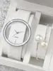 Cinto Transparente Simples Criativo Vazado Moda Elegante Par de Relógio de Quartzo Pulseira de Pérola Pronto para Entrega