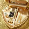 Conjunto Popular de Relojes para Mujer Transfronterizo de Comercio Exterior, Conjunto de Cinco Piezas con Reloj para Mujer Incrustado de Diamantes, Reloj de Cuarzo Cuadrado de Moda para Dama