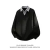 Sudadera de cuello polo a rayas con retazos de dos piezas falsas para hombre, marca de tendencia primavera/otoño 2026, corte holgado, top versátil casual de manga larga