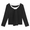 Camiseta Minimalista Falsa Duas Peças Gola V Manga Longa Cor Blocada com Laço para Primavera, Top Slim Fit Feminino Plus Size 66042