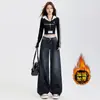 Jeans rectos con forro polar estilo retro americano transfronterizos para mujer, adelgazantes y versátiles, nuevos pantalones anchos de pierna suelta para primavera y otoño con una caída fluida