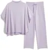 Conjunto de Tricô Cruzado de Manga Longa com Gola Alta Meia-Alta e Manga Morcego, Conjunto de Duas Peças com Calça de Perna Larga Solta e Fluida, Manga Curta para o Início do Outono