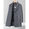 Casaco Masculino de Botão Duplo, Estilo Meio-Comprido Outono e Inverno, Forro Removível de Penugem de Ganso, Trench Coat de Lã Feito à Mão, Roupa de Exterior Quente para Jovens