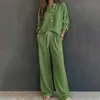 Conjunto de duas peças feminino casual para trabalho, cor sólida, gola V, manga longa e calça larga solta, de cruzamento europeu e americano, 2026