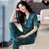 Directamente del fabricante: Pijama de verano para mujer de algodón puro, manga corta, pantalón largo, estilo cárdigan, conjunto de dos piezas para madres de mediana edad y mayores