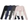 BT985-26 Otoño Estilo Coreano Ajustado Cuello en V Lazos Frontales Falso Dos Piezas Bloques de Color Manga Larga Sudadera Camiseta