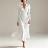 Comercio Electrónico Transfronterizo Europeo y Americano Amazon Vestido de Mujer de Manga Larga Color Sólido Irregular Fruncido de Cuello en V Nuevo Otoño e Invierno