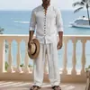 2026 Primavera e Outono Transfronteiriço Estilo Americano Linho Férias Casual Outdoor Masculino Conjunto de Calça Reta Solta de Manga Longa Henry