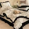 Invierno Pastoral Estilo Hepburn Leche Polar Colcha Estilo Juego de Cama de Cuatro Piezas Funda de Edredón Polar por Ambos Lados Sábana Bajera Juego de Cama de Tres Piezas