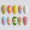 Unhas Postiças Estilo Francês com Estrela em Relevo 3D, Listras de Limão Arco-Íris e Bolinhas 30 Peças Manicure da Moda Europeia e Americana