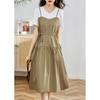 Vestido para Mulheres Verão 2025 Novo Manga Curta Petite Elegante de Alta Qualidade Vestido de Verão Falso Duas Peças Suspensório Saia de Verão