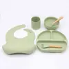 AliExpress Mais Vendido Conjunto de 6 Peças Babador de Bebê Refeição Tigela Redonda Colher Garfo Prato Dielétrico Conjunto de Louça de Silicone Suplementado