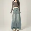 Jeans Americano Retrô de Perna Larga Feminino 2026 Outono Novo Cintura Alta Emagrecedor Solto Plus Size Fluido Calças Compridas