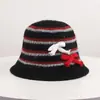 Sombrero de pescador coreano de otoño para mujer, fino, con bloques de color y rayas, de punto de alpaca, con cobertura facial, ligero y transpirable, con cordón y detalle de lazo
