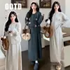 Conjunto de Punto para Mujer Embarazada Pequeña Otoño Invierno Nuevo Cardigan de Punto con Flores Pequeñas 3D + Falda Conjunto de Dos Piezas Cuello Redondo Cubre Vientre