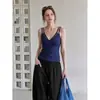 Camisola elegante patchwork azul marinho com decote em V para mulheres, novo top sexy slim-fit de verão 2026