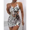 AYJ Vestido Moderno Sexy Europeo y Americano para Discoteca con Parche de Lentejuelas Espejo Patchwork Brillo Espalda Descubierta Hueco Y23072
