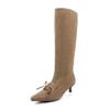Botas Apontadas Novas Outono e Inverno 2025, Botas de Moda com Laço, Botas de Couro Versáteis de Salto Fino