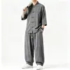 Conjunto de Camisa e Calça Masculina de Algodão e Linho Estilo Chinês Novo Verão 2026, Conjunto de Duas Peças com Gola Alta Botonê Retro