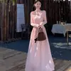 Vestido Longo Plissado Rosa Estilo Francês com Costas Abertas e Cadarço para Mulheres, Manga Longa para Primavera e Outono, Cintura Marcada com Laço, Corte A