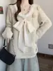 2025 Nuevo Otoño e Invierno Cuello en V Punto con Lazo Estilo Francés de Alta Gama Jersey de Punto con Panel de Piel Sintética para Mujer