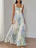 Vestido Largo Plisado con Tirantes Estampado Transfronterizo Europeo y Americano Nuevo de Verano para Mujer, Elegante Vestido sin Mangas en Stock