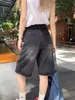 Shorts de Mezclilla Rectos Lavados en Negro y Gris Estilo Americano para Mujer, Nuevo Estilo de Verano, Corte Holgado, Jeans Cropped de Pierna Ancha Tallas Grandes