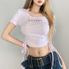 Camiseta de Manga Corta con Cuello Campana y Bordado de Letras Estilo Nicho Europeo y Americano para Mujer, Top Ajustado con Cordón, Verano 2026